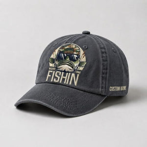 Wishin' I Was Fishin Custom Name Embroidered Hat, Personalized Funny Bass Fishing Cap with Vintage Angler Stitch Design - 1