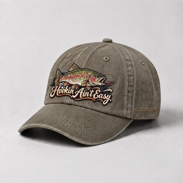 Hookin Ain’T Easy Custom Name Embroidered Rainbow Trout hat, Trout Lover Gift