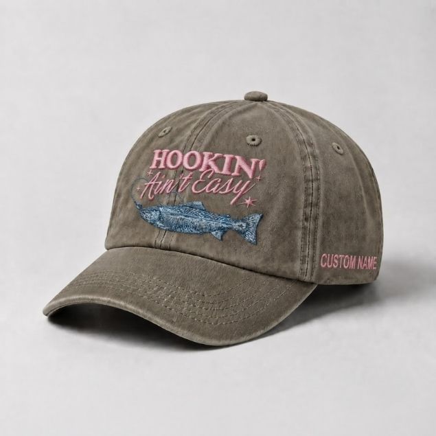 Hookin' Ain'T Easy Trout Fishing Embroidered Hat, Custom Name Hat  Fisherman Gift For Women