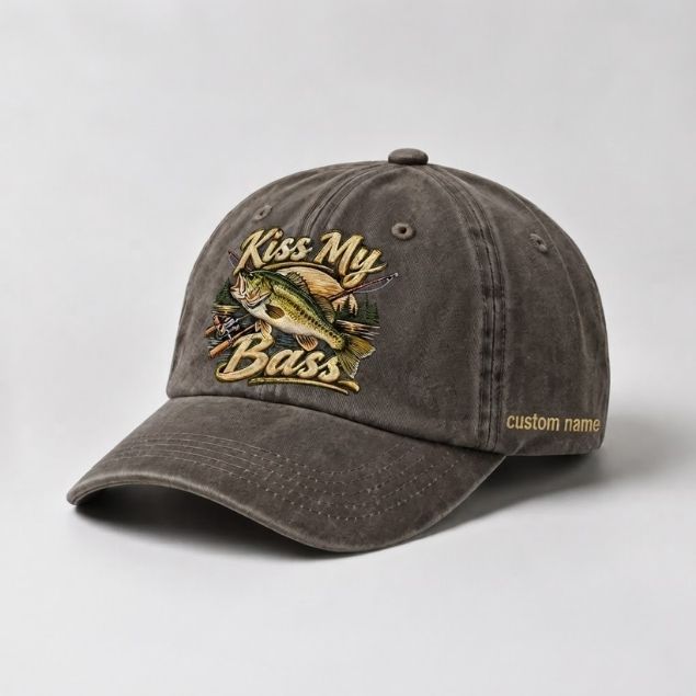 Kiss My Bass Custom Name Embroidered Hat, Largemouth Bass Fishing Rod Cap,