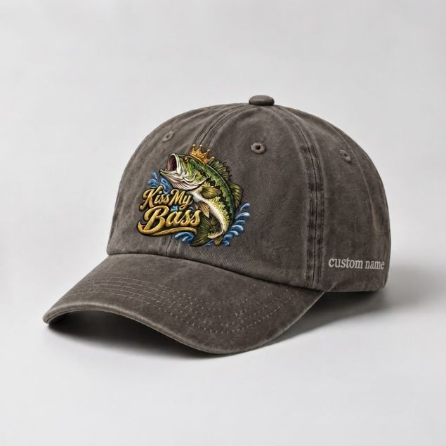 Kiss My Bass Custom Name Embroidered Hat, Crown Largemouth Bass Cap