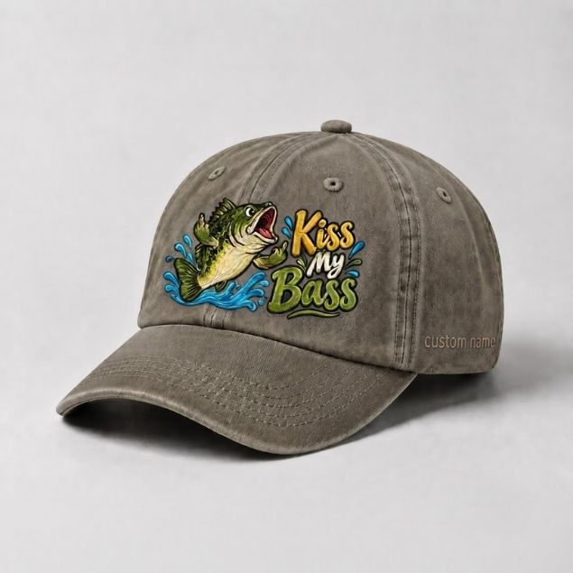 Kiss My Bass Custom Name Embroidered Hat Largemouth Bass Fishing