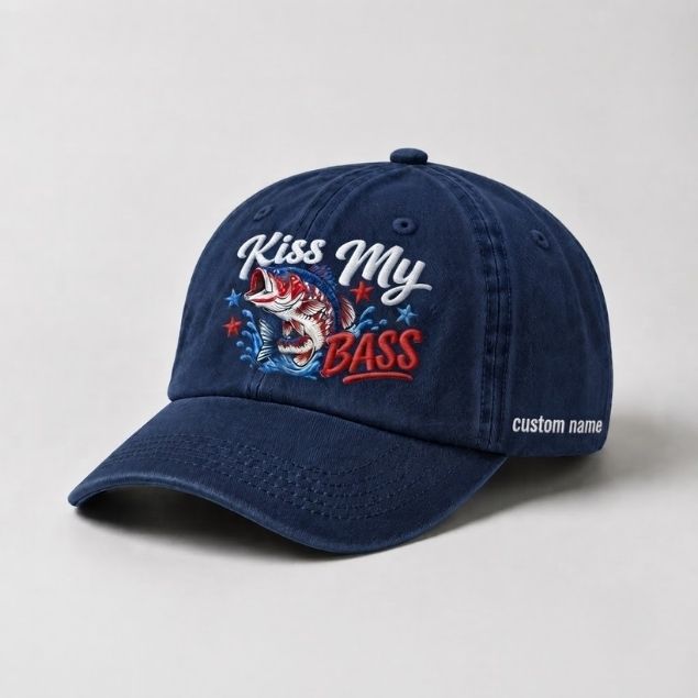 Kiss My Bass Custom Name Embroidered Hat, USA Flag Largemouth Bass Fishing Cap