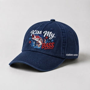 Kiss My Bass Custom Name Embroidered Hat, USA Flag Largemouth Bass Fishing Cap - 3