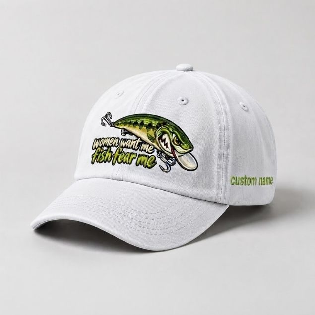 Women Want Me Fish Fear Me Largemouth Bass Lure Embroidered Custom Name Fishing Cap, Funny Bass Fishing Gift