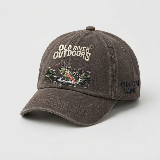 Old River Outdoors Embroidered Fishing Hat, Trout Fly Fishing Dad Hat, Custom Outdoor Adventure Baseball Cap, Nature River Angler Gift