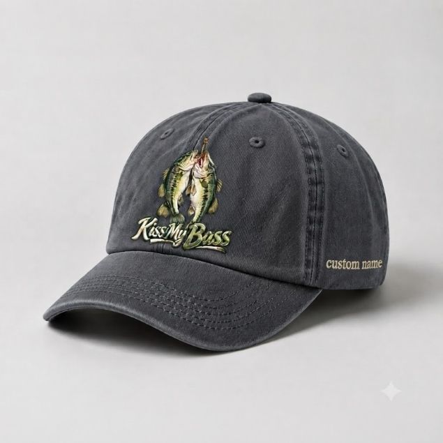 Kiss My Bass Custom Name Embroidered Hat, Largemouth Double Bass Fishing Cap