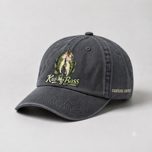Kiss My Bass Custom Name Embroidered Hat, Largemouth Double Bass Fishing Cap - 1