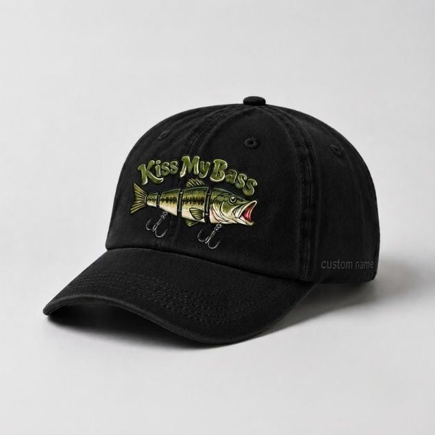 Kiss My Bass Custom Name Embroidered Hat Largemouth Bass Fishing Lure Cap