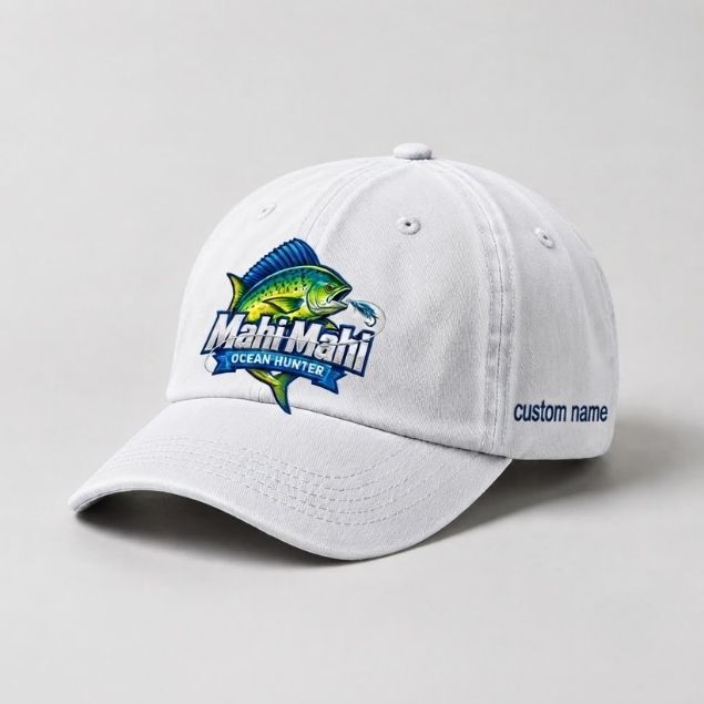 Mahi Mahi Ocean Hunter Custom Name Embroidered Fishing Hat, Offshore Angler Hat