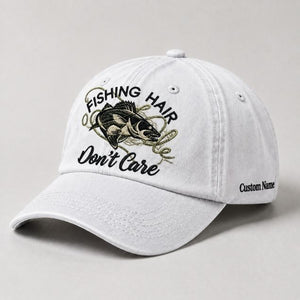 Fishing Hair Dont Care Hat Funny Bass Fishing Embroidered Dad Cap Custom Name - 1