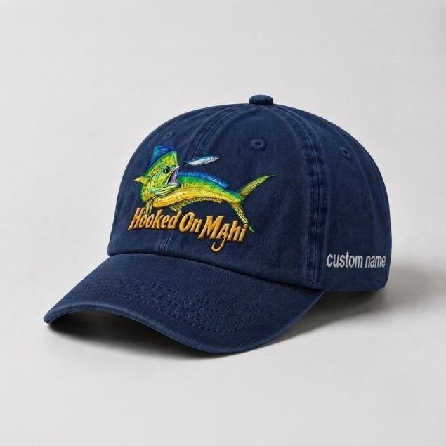 Hooked On Mahi Custom Name Embroidered Fishing Hat, Dorado Fish Cap