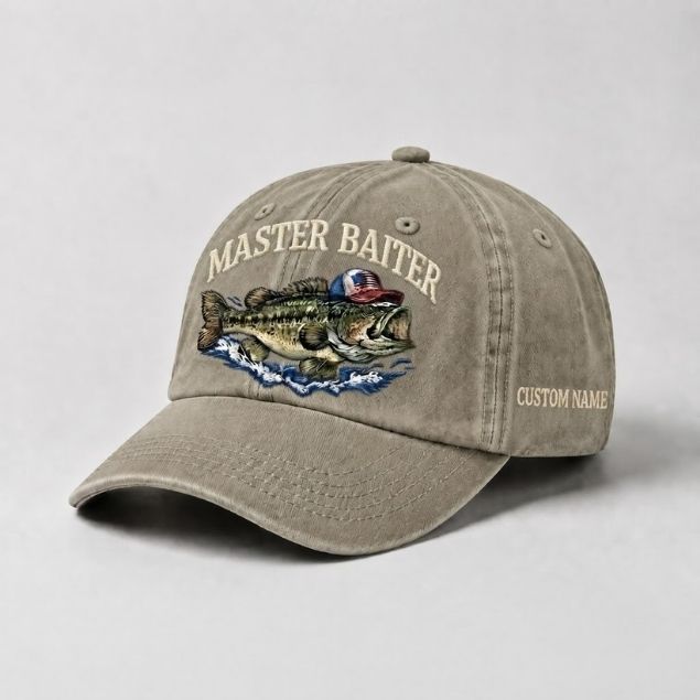 Master Baiter Bass Fishing Hat, Largemouth Bass Wave Embroidery Cap with Custom Name