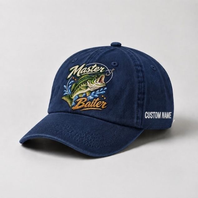 Master Baiter Bass Fishing Hat, Largemouth Bass Embroidered Cap with Custom Name