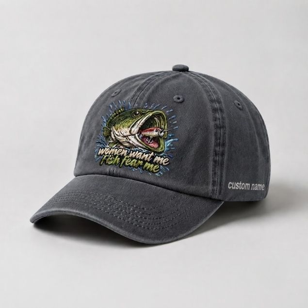 Women Want Me Fish Fear Me Largemouth Bass Custom Name Embroidered Fishing Cap, Funny Bass Lure Angler Gift