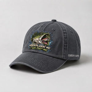 Women Want Me Fish Fear Me Largemouth Bass Custom Name Embroidered Fishing Cap, Funny Bass Lure Angler Gift - 1