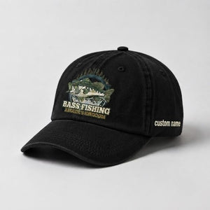 Bass Fishing Angler's Kingdom Cap Custom Name Embroidered Hat, Vintage Washed Black Dad Hat - 2