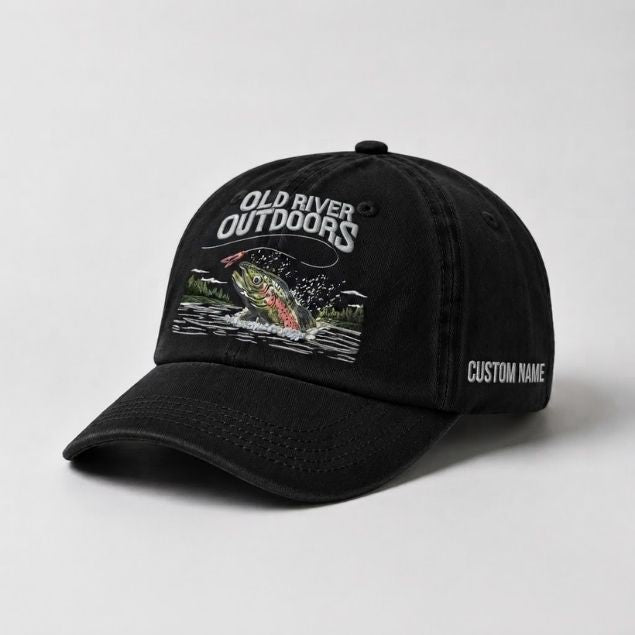 Old River Outdoors Embroidered Fishing Hat, Trout Fly Fishing Dad Hat, Custom Outdoor Adventure Baseball Cap, Nature River Angler Gift