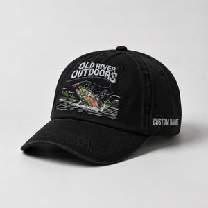 Old River Outdoors Embroidered Fishing Hat, Trout Fly Fishing Dad Hat, Custom Outdoor Adventure Baseball Cap, Nature River Angler Gift - 1