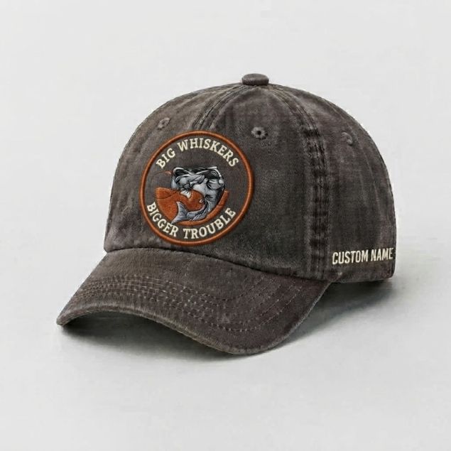 Big Whiskers Bigger Trouble Hat, Custom Name Embroidered Cap, Personalized Catfish Fishing Dad Hat