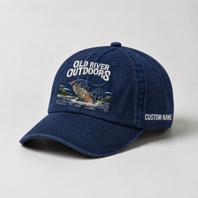 Old River Outdoors Embroidered Fishing Hat, Trout Fly Fishing Dad Hat, Custom Outdoor Adventure Baseball Cap, Nature River Angler Gift