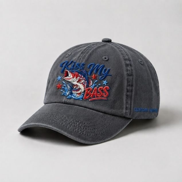 Kiss My Bass Custom Name Embroidered Hat, USA Flag Largemouth Bass Fishing Cap