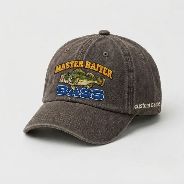Master Baiter Bass Fishing Hat, Largemouth Bass Embroidered Cap with Custom Name