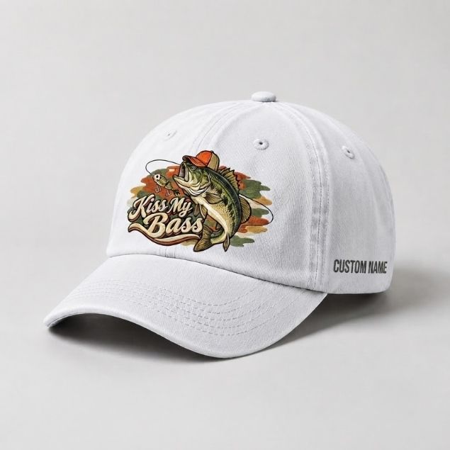 Kiss My Bass Custom Name Embroidered Hat, Largemouth Bass Lure Fishing Cap