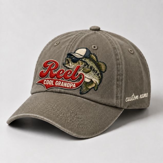 Grandpa Bass Fishing Dad Hat, Custom Name Embroidered Baseball Cap