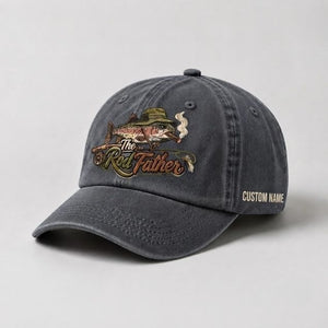 The Rod Father Fishing Custom Name Embroidered Hat, Vintage Washed Cotton Baseball Hat for Anglers - 1