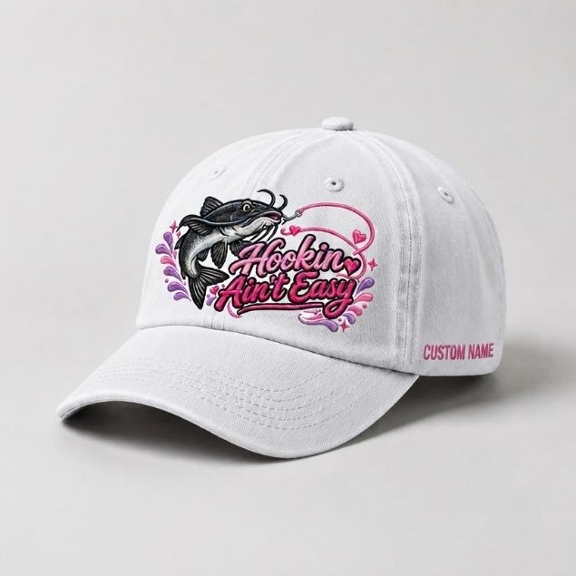 Hookin Ain't Easy Catfish Embroidered Hat, Custom Name Fishing Cap for Women