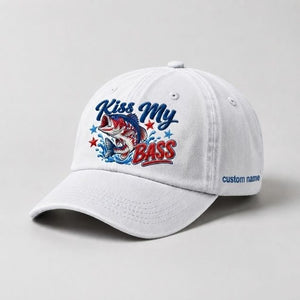 Kiss My Bass Custom Name Embroidered Hat, USA Flag Largemouth Bass Fishing Cap - 4