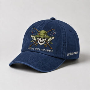 Drop A Line | Stay A While Dad Hat, Personalized Fishing Cap, Custom Name Embroidery Baseball Cap, Outdoor Angler Gift - 3