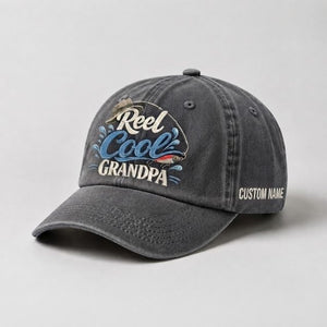 Reel Cool Grandpa Custom Name Embroidered Hat, Vintage Washed Fishing Grandpa Cap, Angler Grandfather Gift - 1
