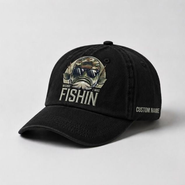 Wishin' I Was Fishin Custom Name Embroidered Hat, Personalized Funny Bass Fishing Cap with Vintage Angler Stitch Design