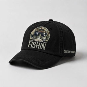 Wishin' I Was Fishin Custom Name Embroidered Hat, Personalized Funny Bass Fishing Cap with Vintage Angler Stitch Design - 2