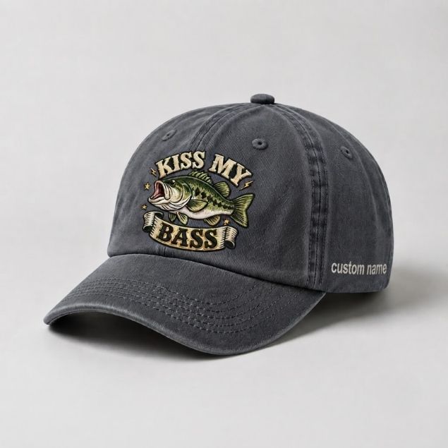 Kiss My Bass Custom Name Embroidered Hat Largemouth Bass Fishing Cap