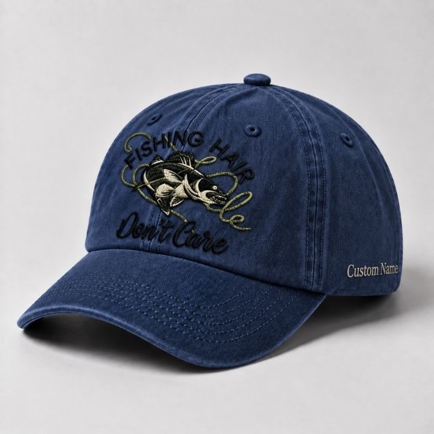 Fishing Hair Dont Care Hat Funny Bass Fishing Embroidered Dad Cap Custom Name