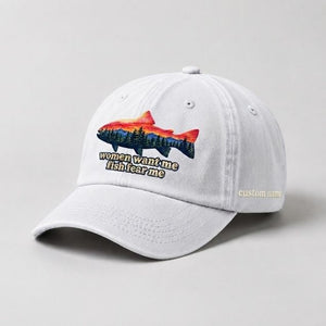 Women Want Me Fish Fear Me Trout Embroidered Custom Name Fishing Cap, Sunset Forest Trout Fishing Gift for Anglers - 4