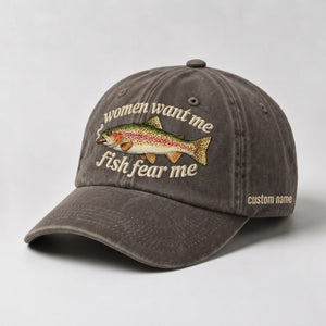 Women Want Me Fish Fear Me Rainbow Trout Embroidered Custom Name Fishing Cap, Funny Trout Fisherman Gift - 5