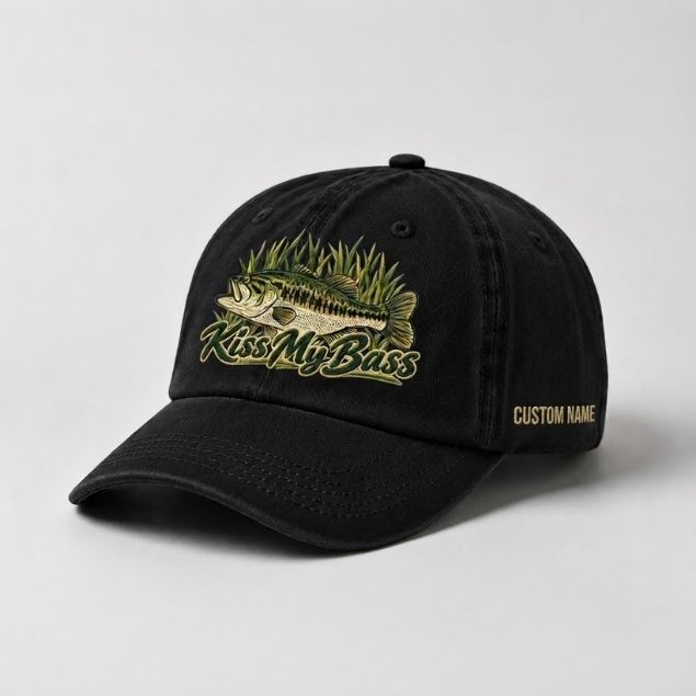 Kiss My Bass Hat Custom Name Embroidered Largemouth Bass Fishing, Fisherman Gift