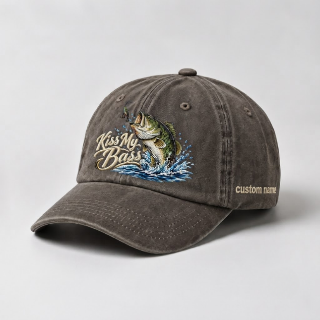 Kiss My Bass Custom Name Embroidered Hat, Fishing Lure Angler Cap