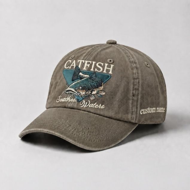 Catfish Hat Souther Waters Custom Name Embroidered, Personalized Fishing Dad Hat, River Angler Baseball Cap, Fisherman Gift