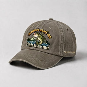 Women Want Me Fish Fear Me Largemouth Bass Embroidered Custom Name Fishing Cap, Mountain Lake Fishing Gift - 6