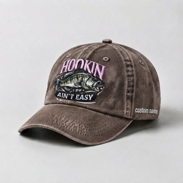 Hookin Ain'T Easy Bass Fishing Embroidered Cap With Custom Name, Washed Cotton Hat For Women
