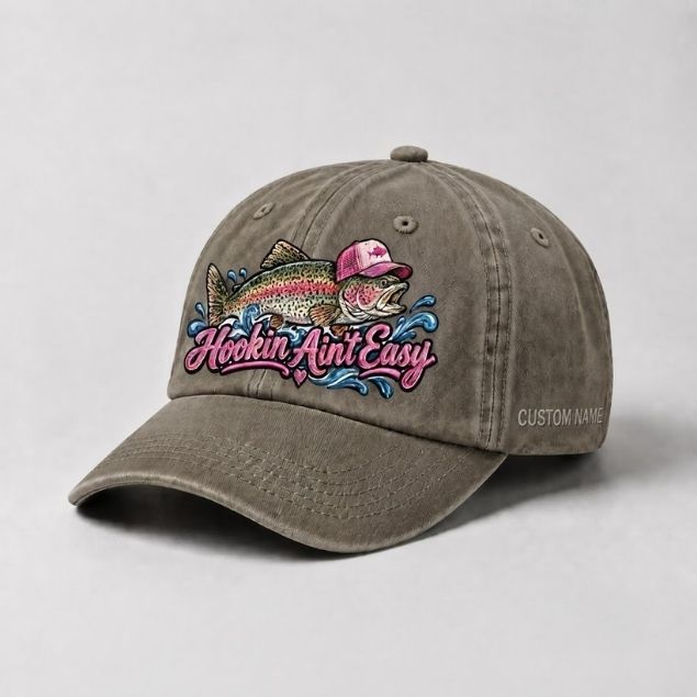 Hookin Ain’t Easy Rainbow Trout Custom Name Embroidered Hat for Women