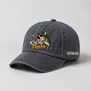 Kiss My Bass Hat Custom Name Embroidered Fishing Cap, Largemouth Bass Gift - 1