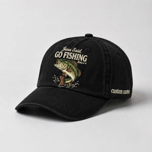 Jesus Said Go Fishing Luke 5:4 Custom Name Embroidered Hat, Personalized Christian Fishing Bass Design Cap with Vintage Fish Stitch Artwork - 1