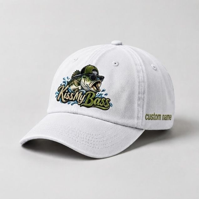 Kiss My Bass Custom Name Embroidered Hat, Largemouth Bass Sunglasses Fishing Hat