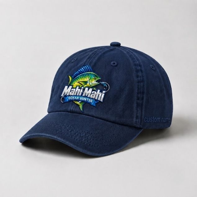 Mahi Mahi Ocean Hunter Custom Name Embroidered Fishing Hat, Offshore Angler Hat